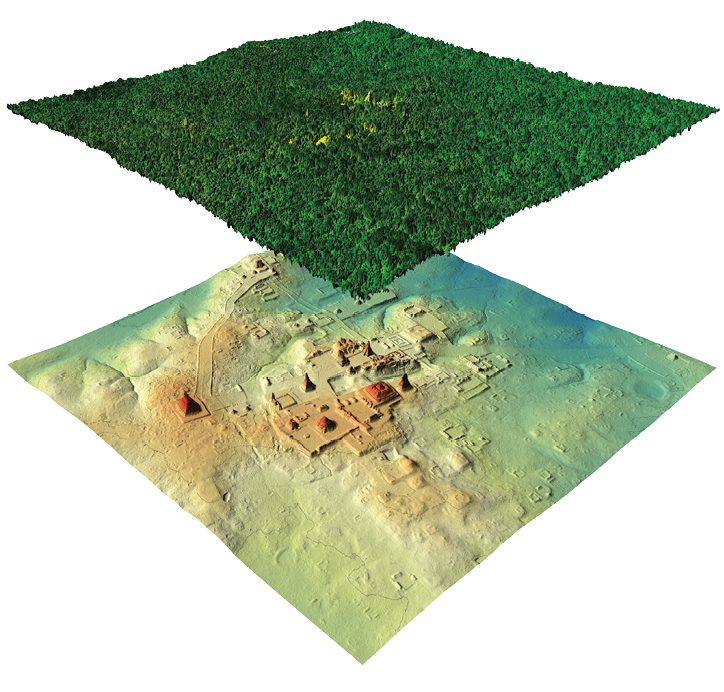 LiDAR image of the top of a jungle canopy vs. the structures revealed by LiDAR on the ground