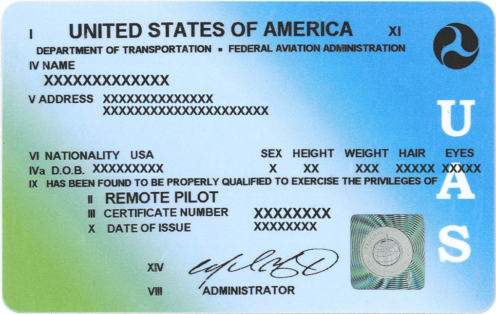 Example photo of a Part 107 license