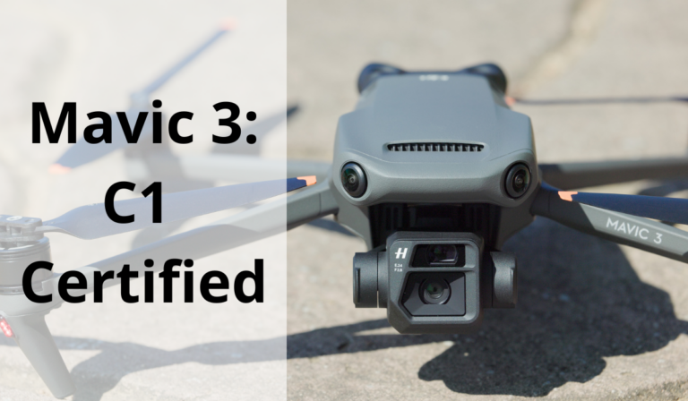 A DJI Mavic 3 drone on the ground, with text that reads "Mavic 3: C1 Certified"