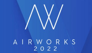 DJI's AirWorks 2022, with the logo and white text over a blue background