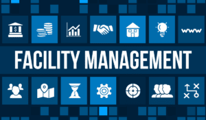 A collage of various symbols and images representing facility management, with large white text that reads "Facility Management"