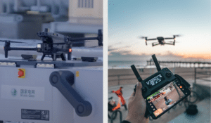 Drone-in-a-box solutions vs. manually controlled drones: A split screen image with drone-in-a-box solution on the left, and a traditional drone on the right