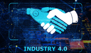 Two graphics representing hands, shaking hands. One looks like a robotic hand, while the other looks more human. Used for drones in industry 4.0