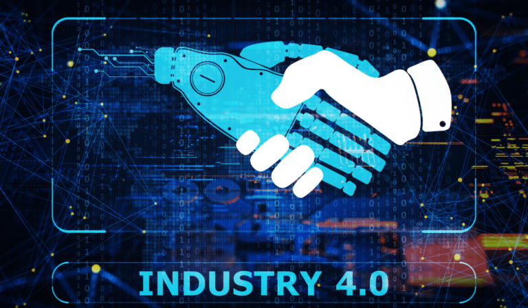 Two graphics representing hands, shaking hands. One looks like a robotic hand, while the other looks more human. Used for drones in industry 4.0