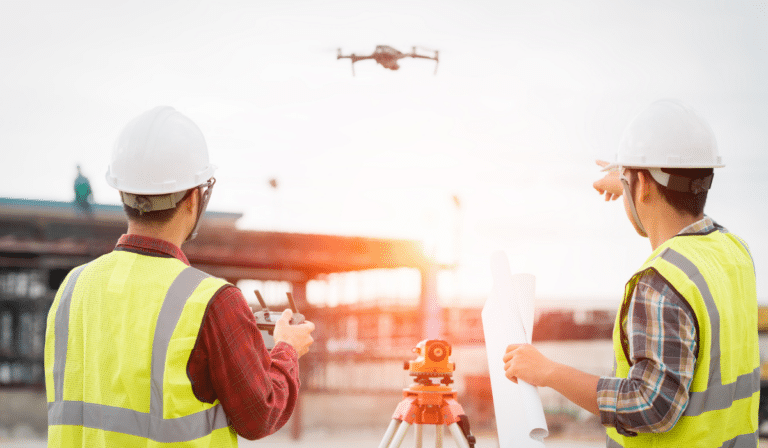 A worker flying a drone while another worker watches