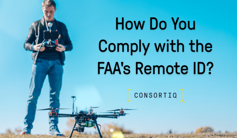A man with a drone preparing for take off, with text reading "how do you comply with the FAA's Remote ID?"
