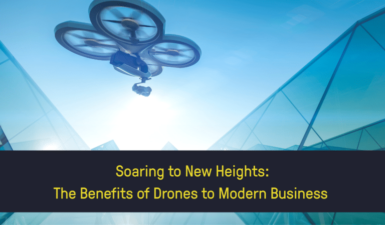 A futuristic style image of a drone and glass pyramid buildings with a caption reading "Soaring to New Heights: How Drones Benefit Modern Business Operations"