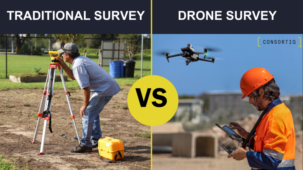 Comparison of Traditional Survey vs Drone Survey. On the left, a man operates a traditional surveying instrument on a tripod outdoors. On the right, a man in an orange safety vest and helmet controls a flying drone with a remote, showcasing modern surveying technology.