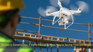 A construction worker in a yellow hard hat watches a white drone flying near a construction site under a clear blue sky. The text at the bottom reads, 'Drones in Construction: 5 Game-Changing Ways They're Saving Time and Money,' highlighting the role of drones in modern construction projects.