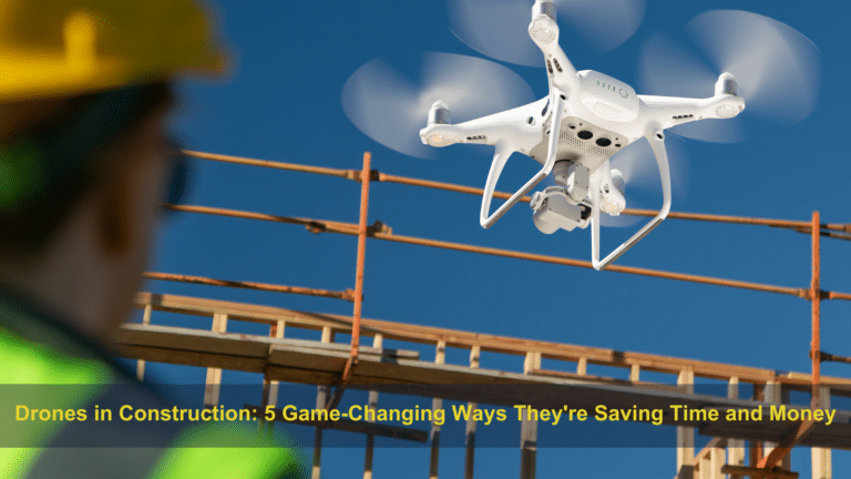 A construction worker in a yellow hard hat watches a white drone flying near a construction site under a clear blue sky. The text at the bottom reads, 'Drones in Construction: 5 Game-Changing Ways They're Saving Time and Money,' highlighting the role of drones in modern construction projects.